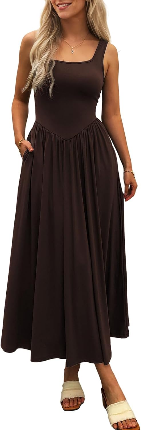 Square-Neck Sleeveless Maxi Sundress with Pockets in Brown