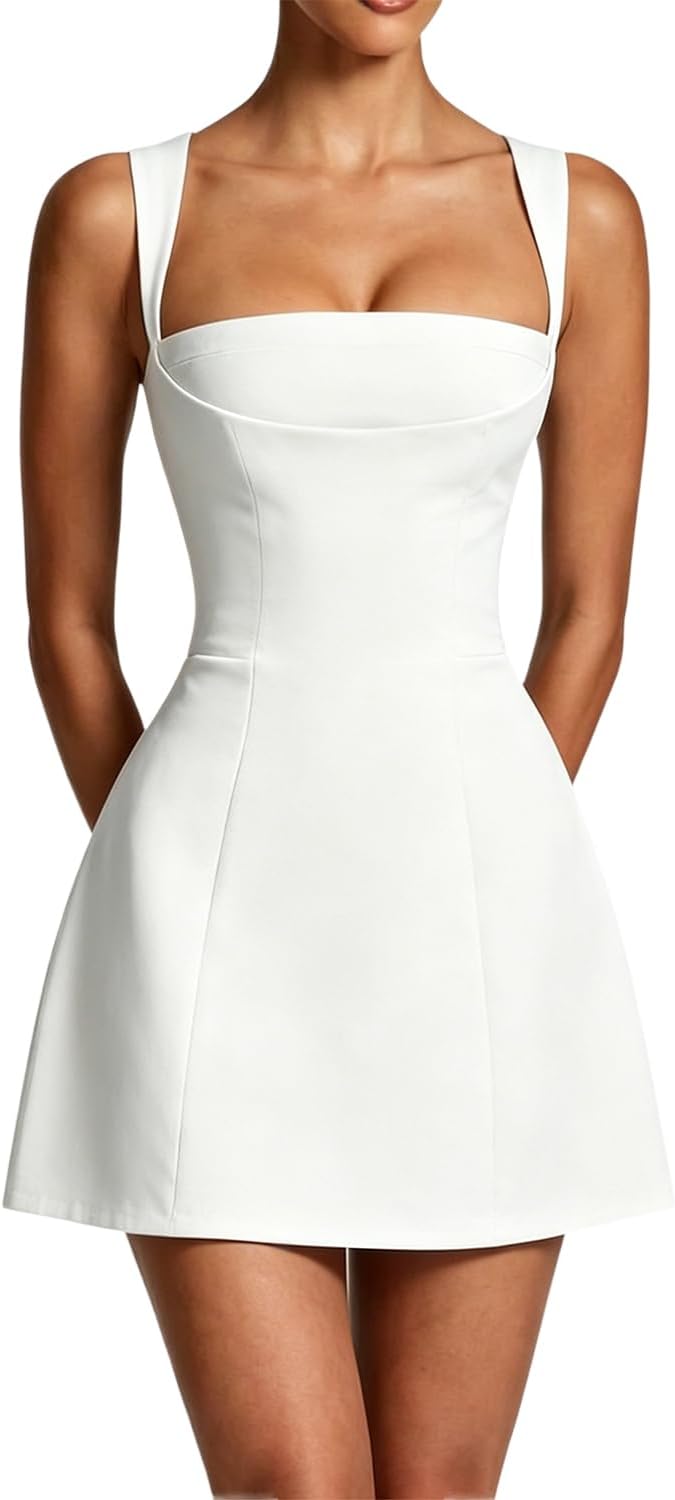 Square-Neck Corset A-Line Mini Dress in White