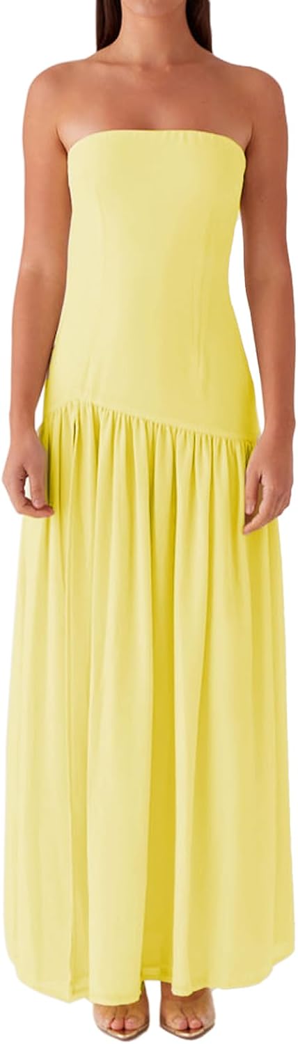 Tiger-Stripe Mesh Strapless Maxi Dress with Slit in Yellow