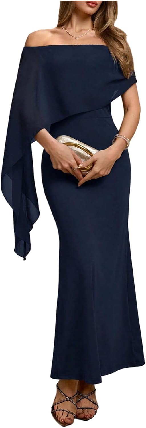 Off-Shoulder Chiffon Cape Maxi Dress in Deep Blue