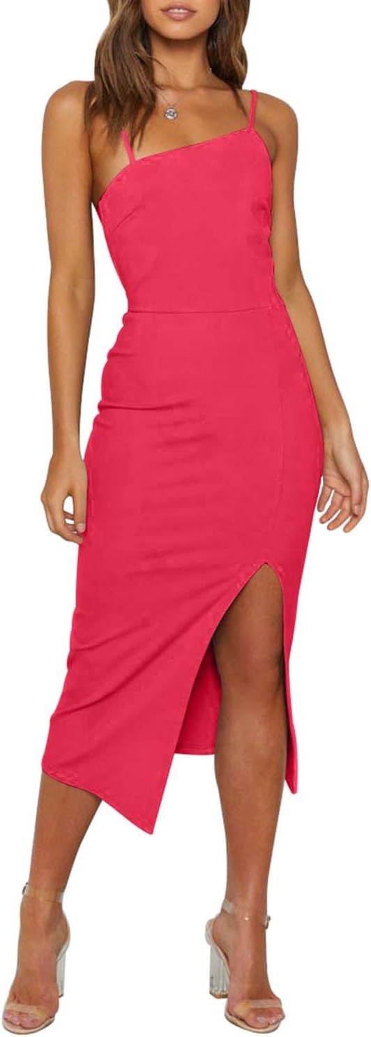Asymmetric-Neck Spaghetti-Strap Bodycon Midi Dress in Coral
