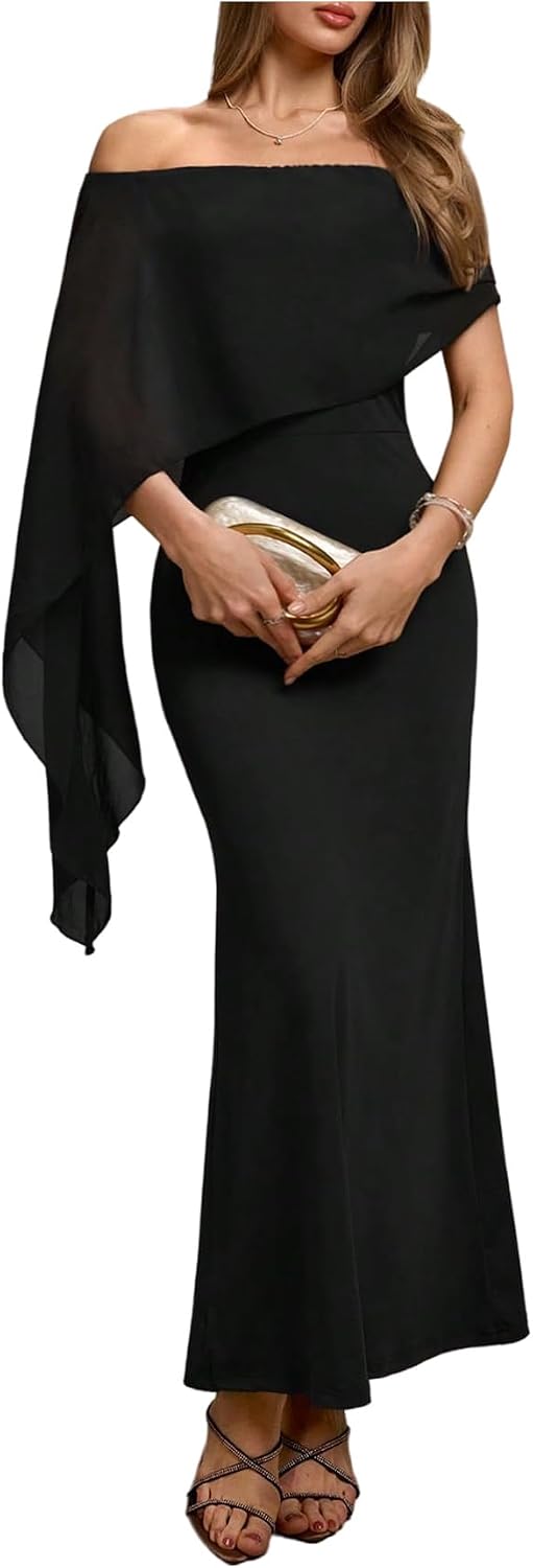 Off-Shoulder Chiffon Cape Maxi Dress in Black