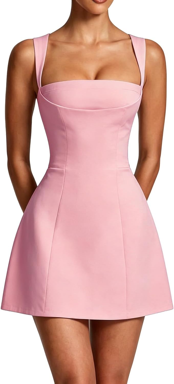 Square-Neck Corset A-Line Mini Dress in Pink
