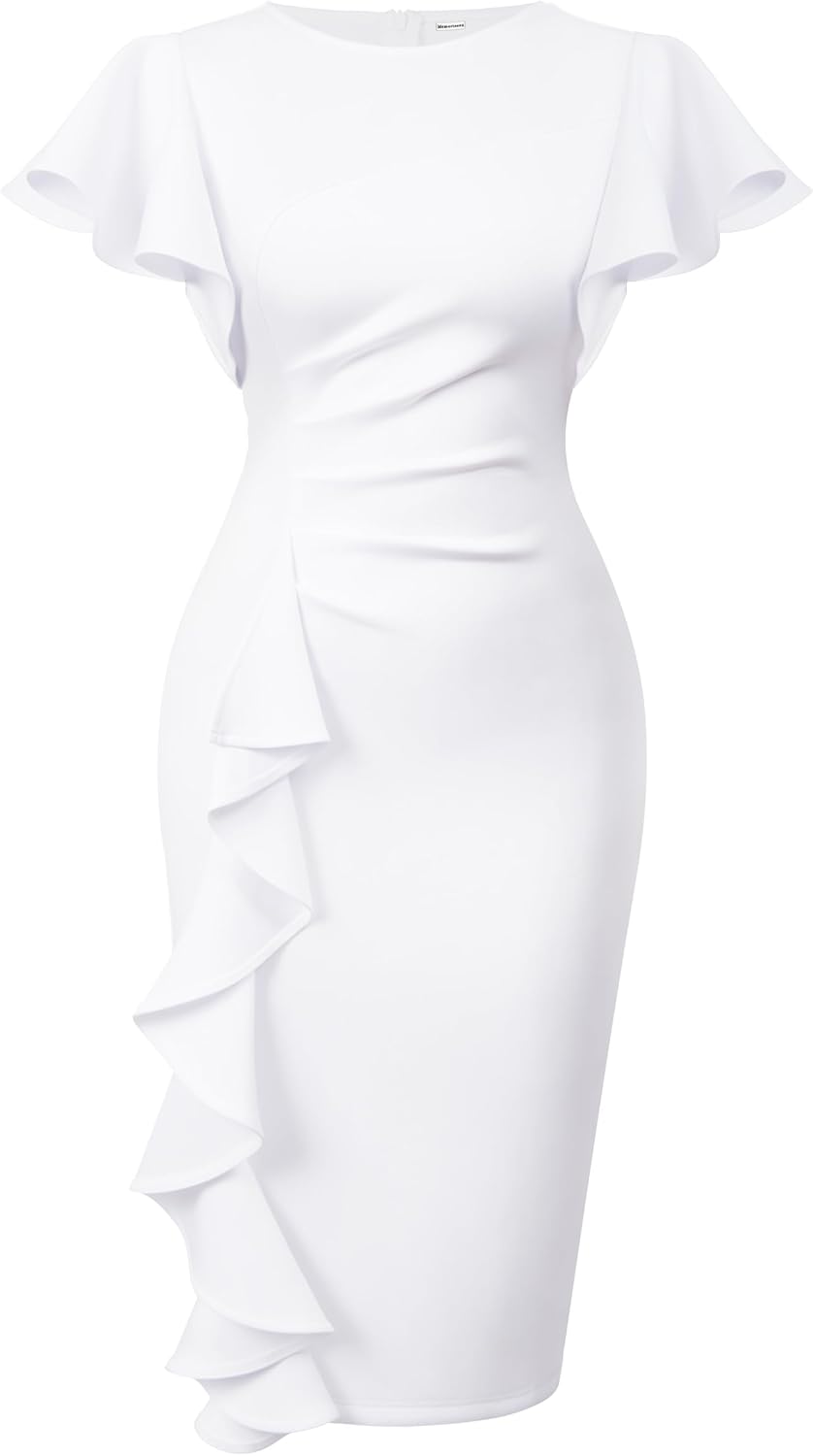 Ruffle-Sleeve Ruched Sheath Midi Dress in White