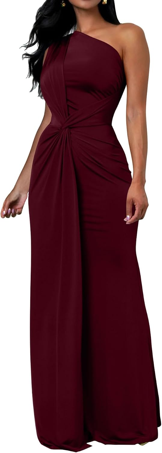 One-Shoulder Sleeveless Bodycon Maxi Dress in Burgundy