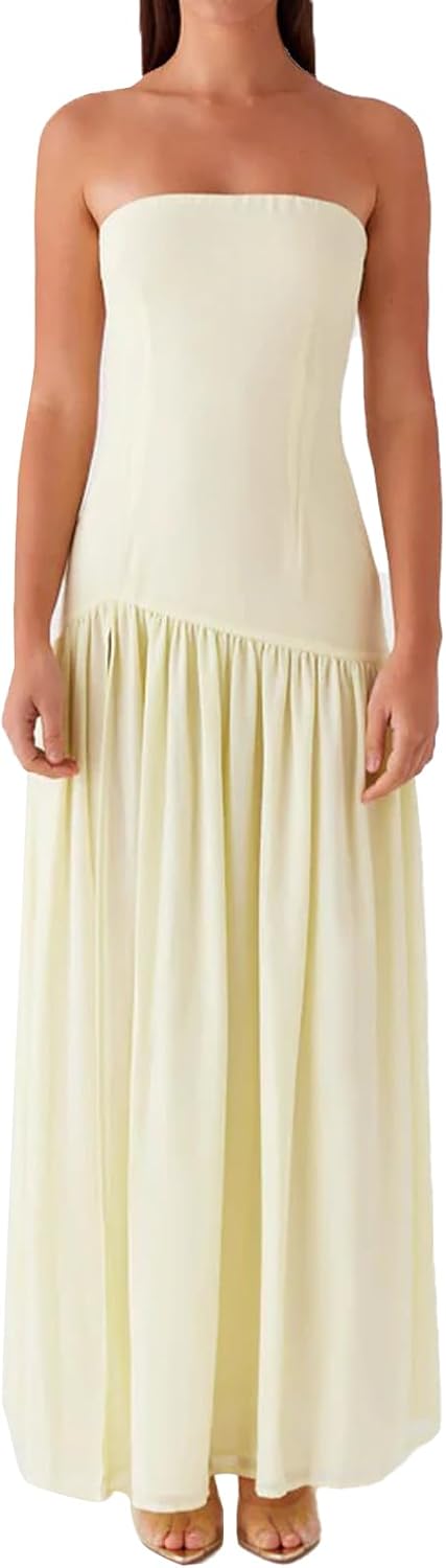 Tiger-Stripe Mesh Strapless Maxi Dress with Slit in Light Yellow