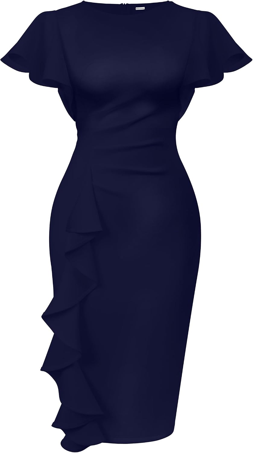 Ruffle-Sleeve Ruched Sheath Midi Dress in Navy Blue