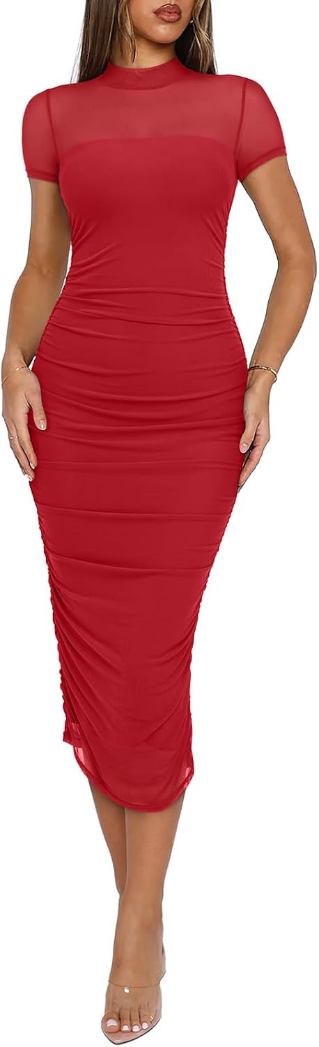 Sheer Mesh Mock-Neck Long-Sleeve Ruched Midi Dress in Short Sleeve Red