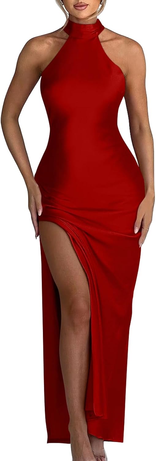 Backless High-Slit Sleeveless Maxi Dress in Red