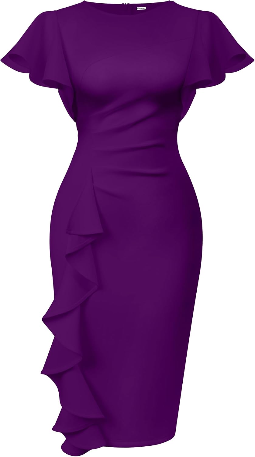 Ruffle-Sleeve Ruched Sheath Midi Dress in Purple