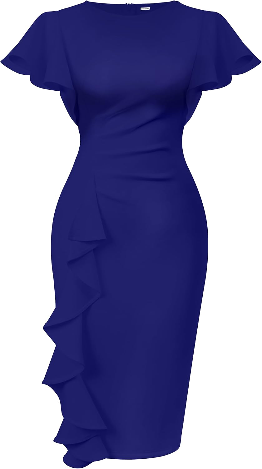 Ruffle-Sleeve Ruched Sheath Midi Dress in Royal Blue