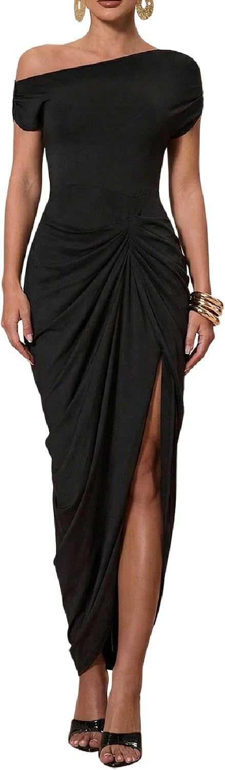 Asymmetric Off-Shoulder Ruched Bodycon Maxi Dress with Slit in Black