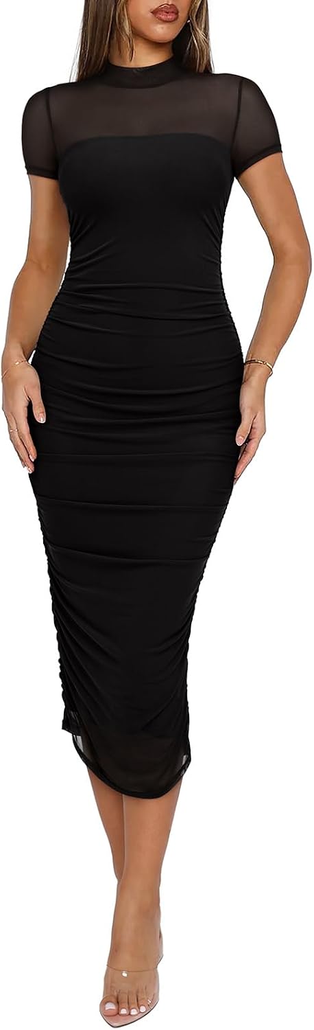 Sheer Mesh Mock-Neck Long-Sleeve Ruched Midi Dress in Short Sleeve Black