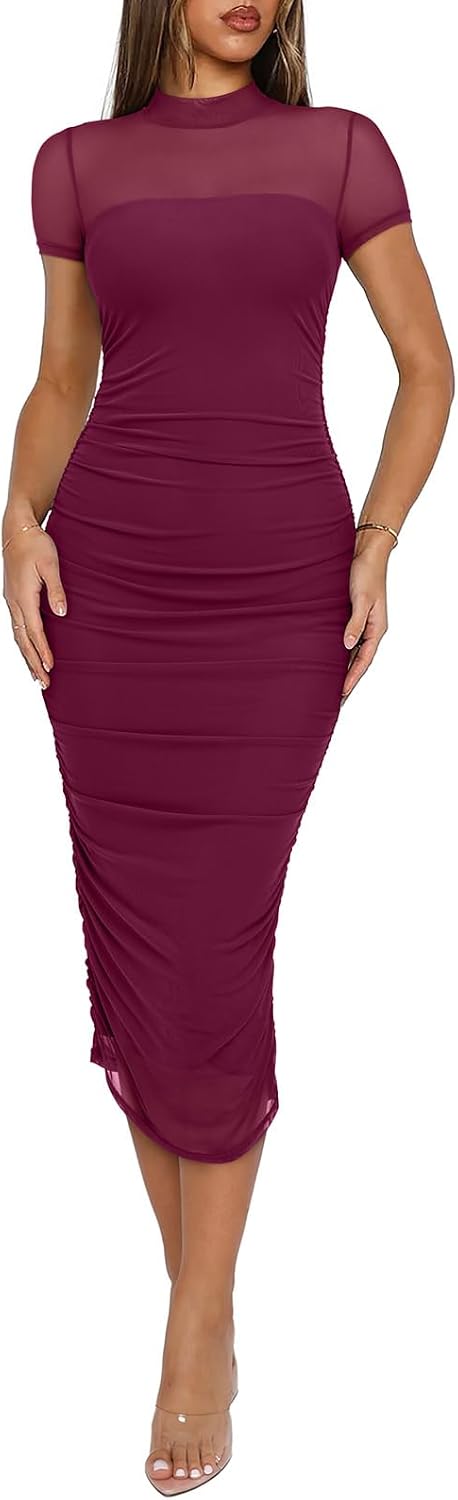 Sheer Mesh Mock-Neck Long-Sleeve Ruched Midi Dress in Short Sleeve Wine Red