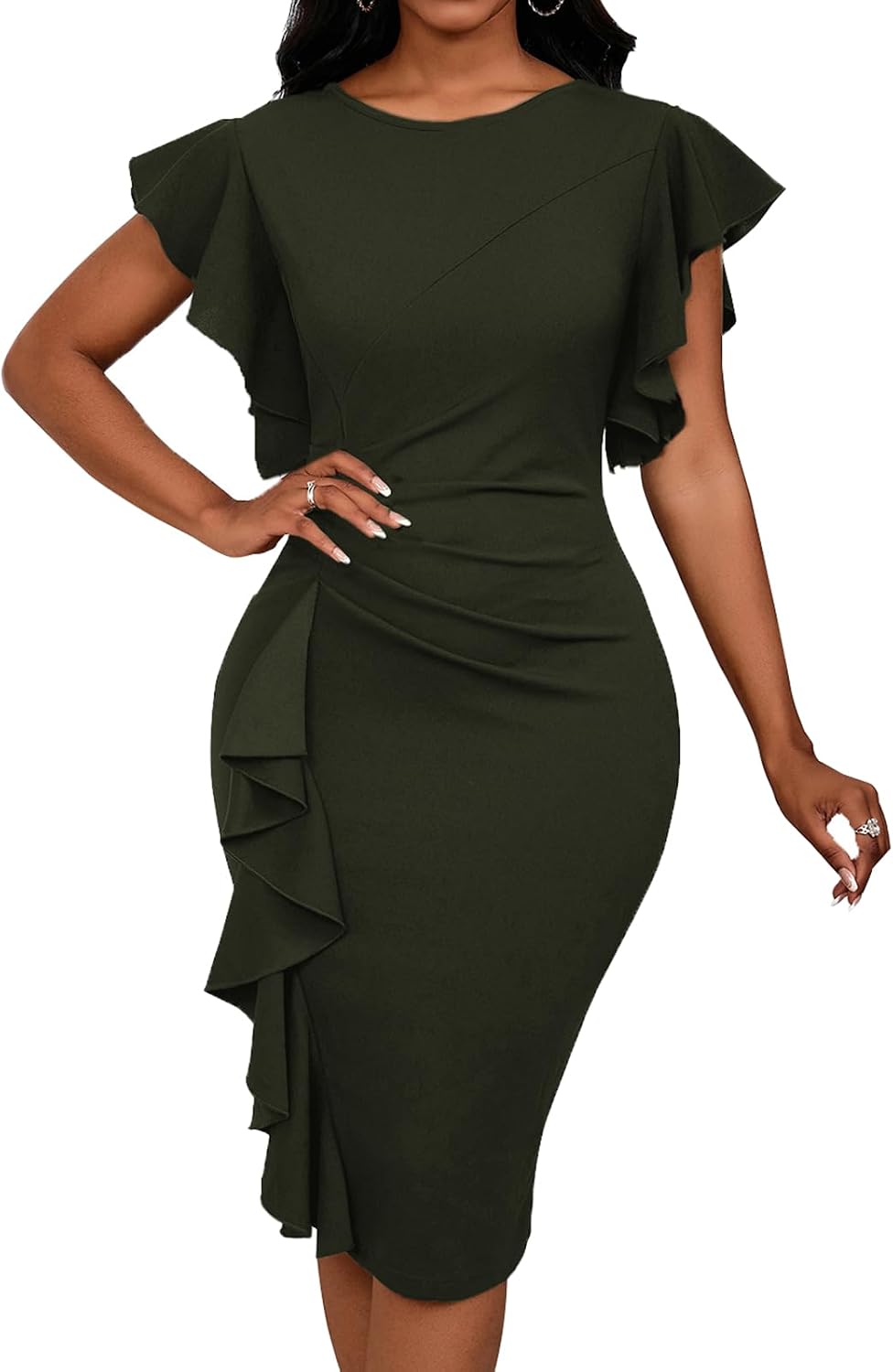Ruffle-Sleeve Crew-Neck Pencil Midi Dress in Army Green
