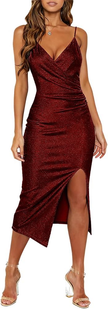 Wrap V-Neck Ruched Bodycon Dress with Side Slit in Sparkly Wine Red