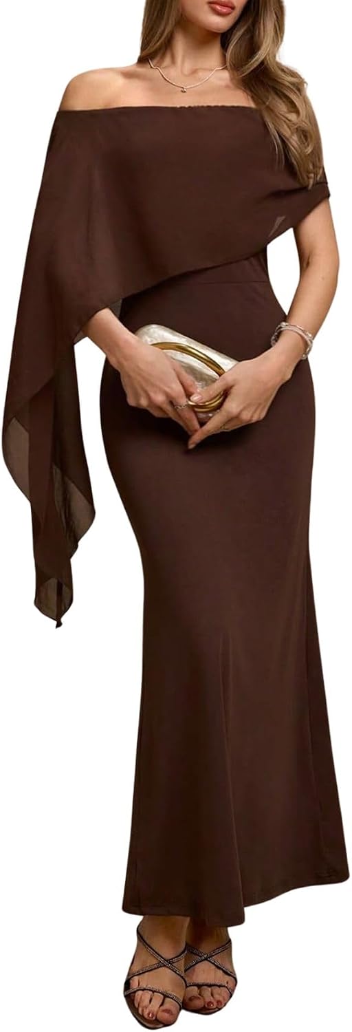 Off-Shoulder Chiffon Cape Maxi Dress in Brown