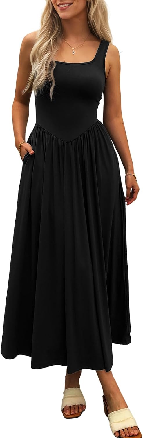 Square-Neck Sleeveless Maxi Sundress with Pockets in Black