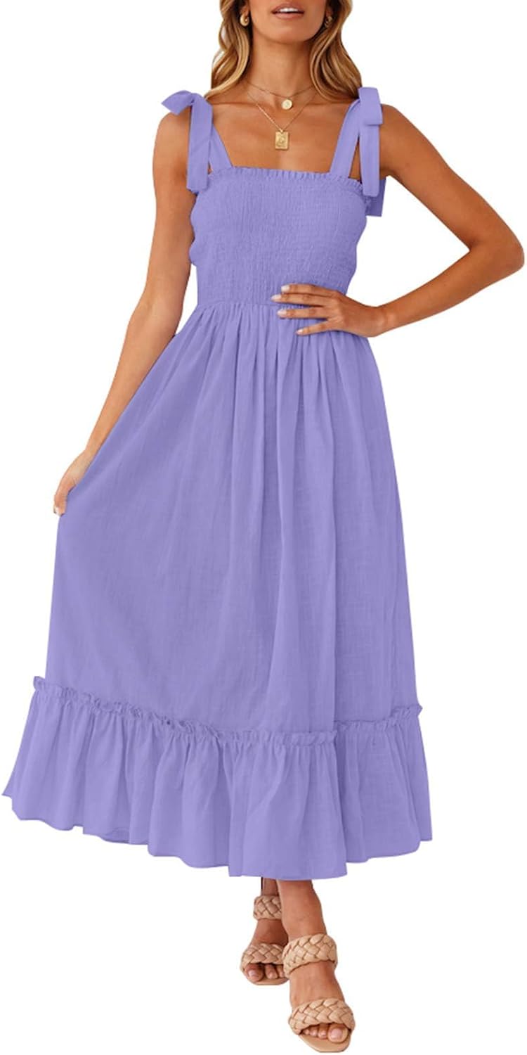 Ruffled Spaghetti-Strap Square-Neck Maxi Dress in Purple