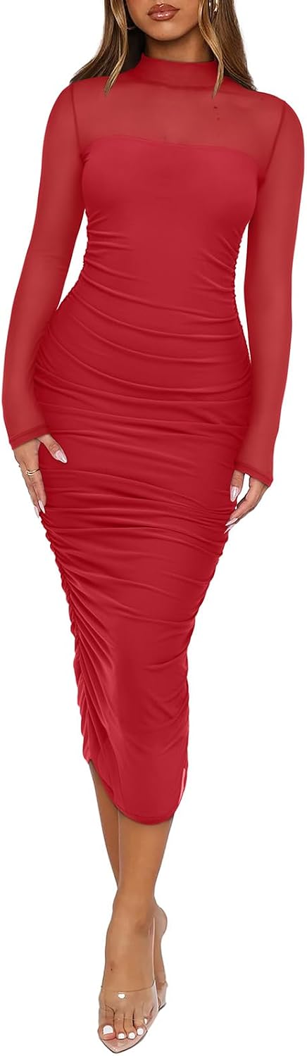 Sheer Mesh Mock-Neck Long-Sleeve Ruched Midi Dress in Red