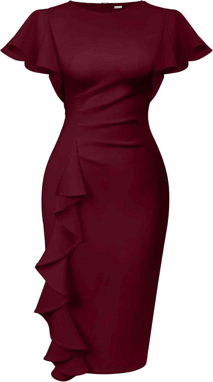 Ruffle-Sleeve Ruched Sheath Midi Dress in Wine Red