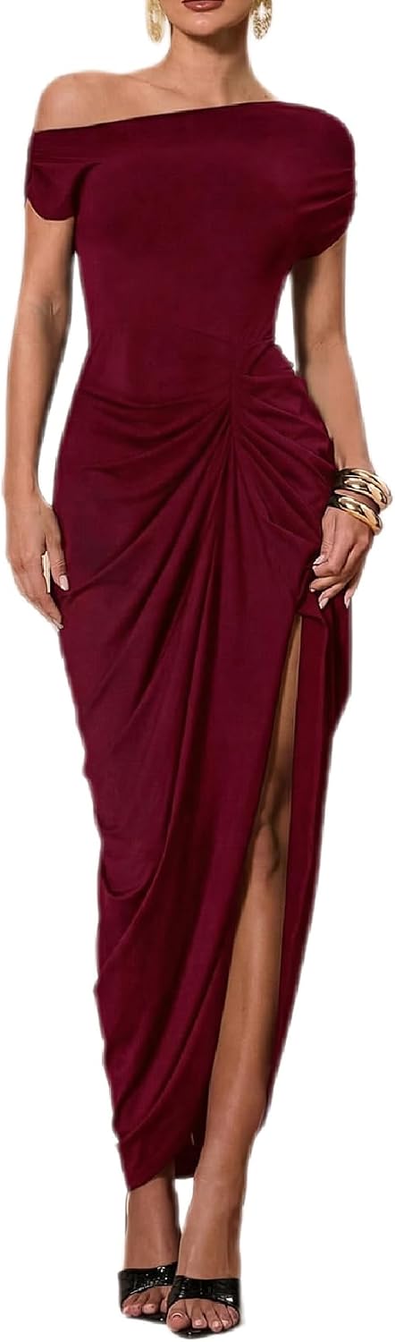 Asymmetric Off-Shoulder Ruched Bodycon Maxi Dress with Slit in Burgundy