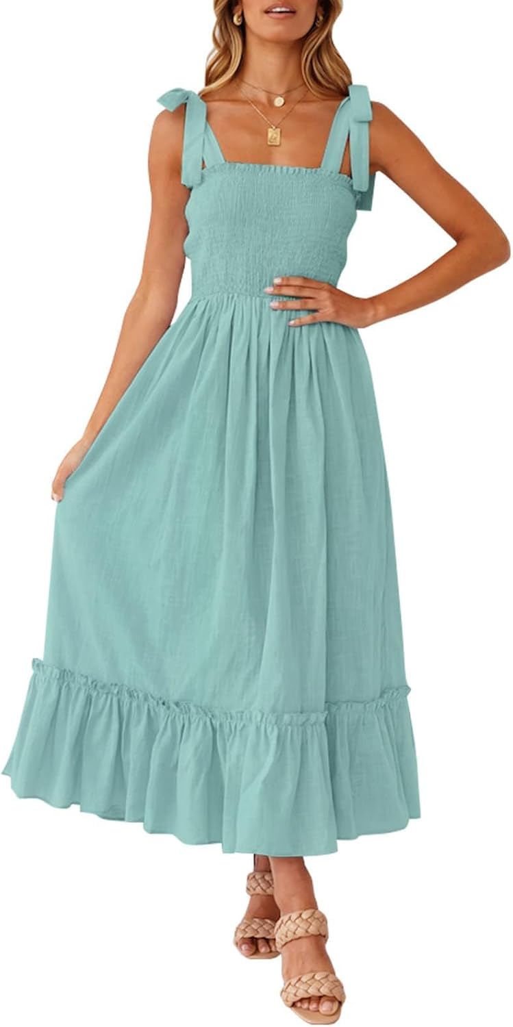 Ruffled Spaghetti-Strap Square-Neck Maxi Dress in Sage