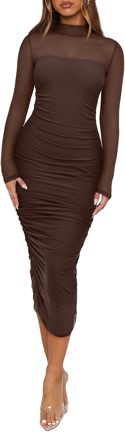 Sheer Mesh Mock-Neck Long-Sleeve Ruched Midi Dress in Chocolate