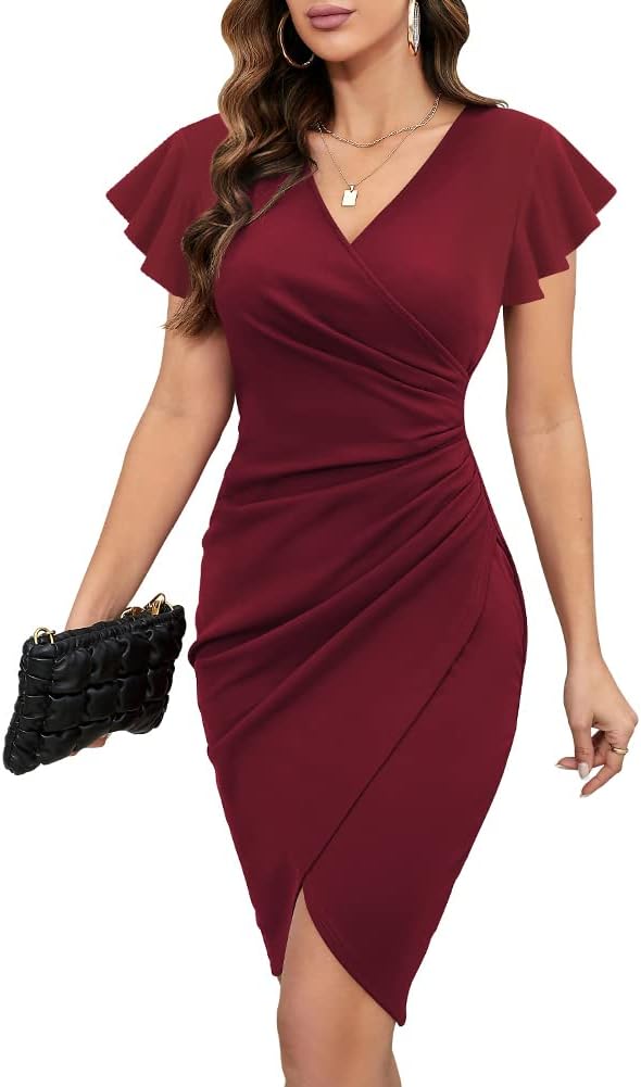 Ruffle-Sleeve Faux-Wrap Ruched Sheath Dress in Wine Red