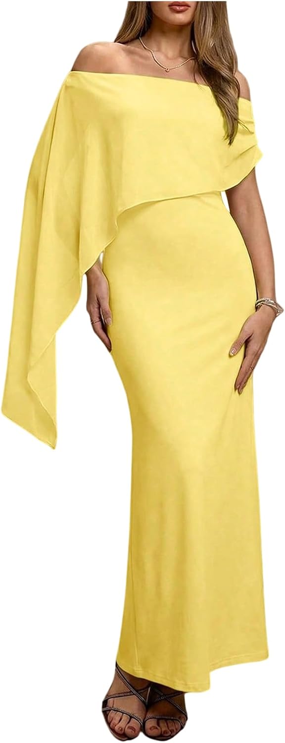 Off-Shoulder Chiffon Cape Maxi Dress in Yellow