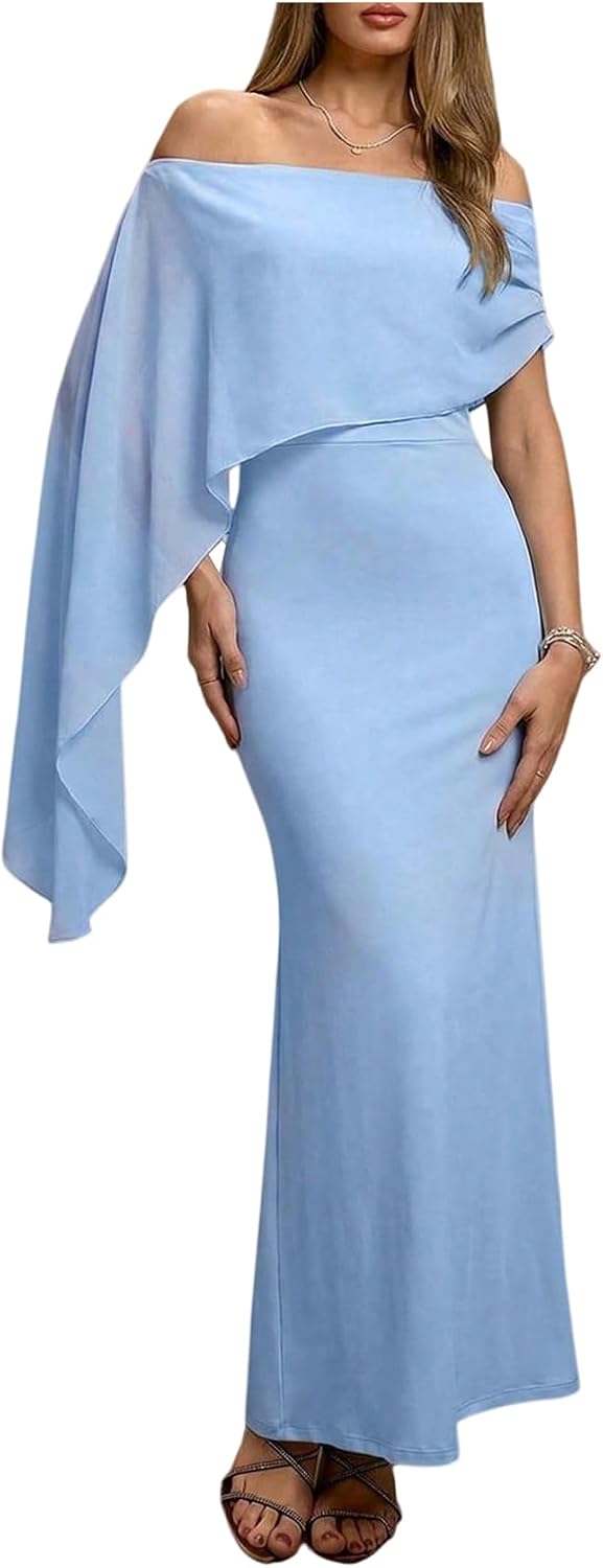 Off-Shoulder Chiffon Cape Maxi Dress in Light Blue