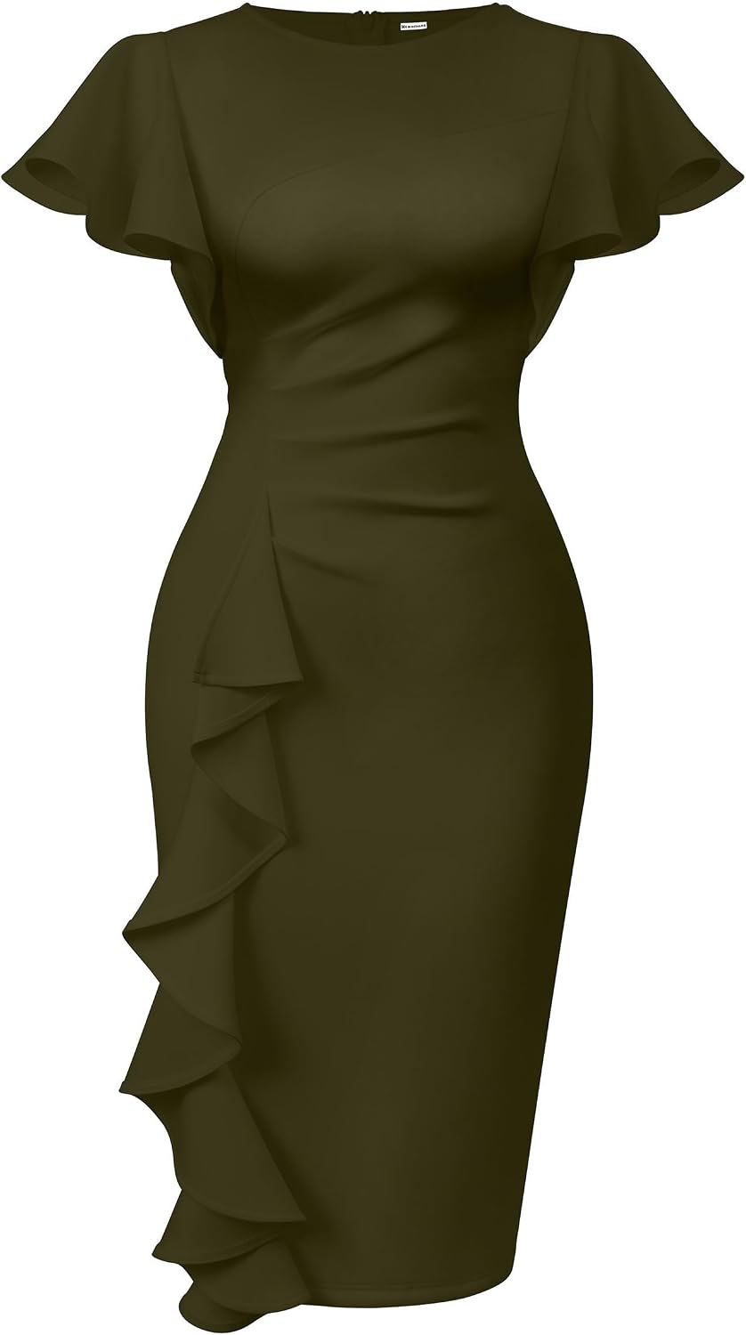 Ruffle-Sleeve Ruched Sheath Midi Dress in Army Green
