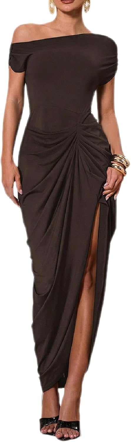 Asymmetric Off-Shoulder Ruched Bodycon Maxi Dress with Slit in Coffee Brown