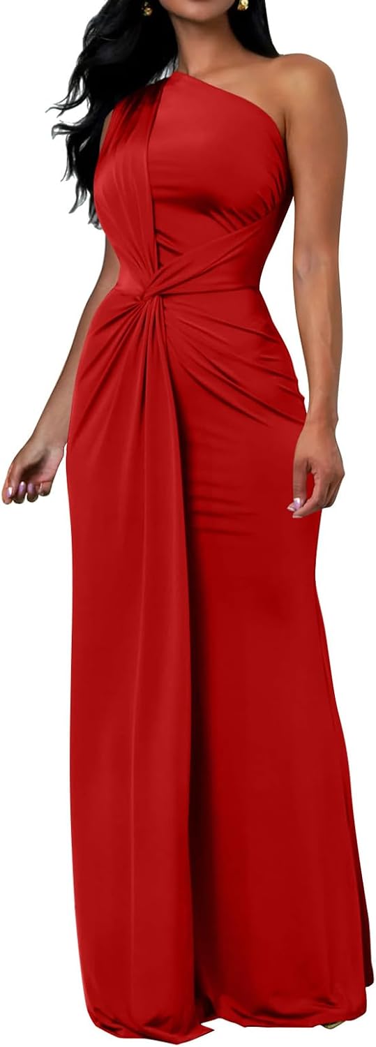 One-Shoulder Sleeveless Bodycon Maxi Dress in Red