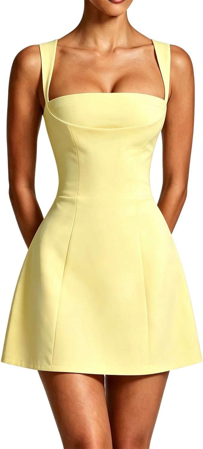 Square-Neck Corset A-Line Mini Dress in Yellow