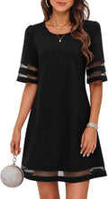 Flowy A-Line Knee-Length Dress with Mesh Trim in Black