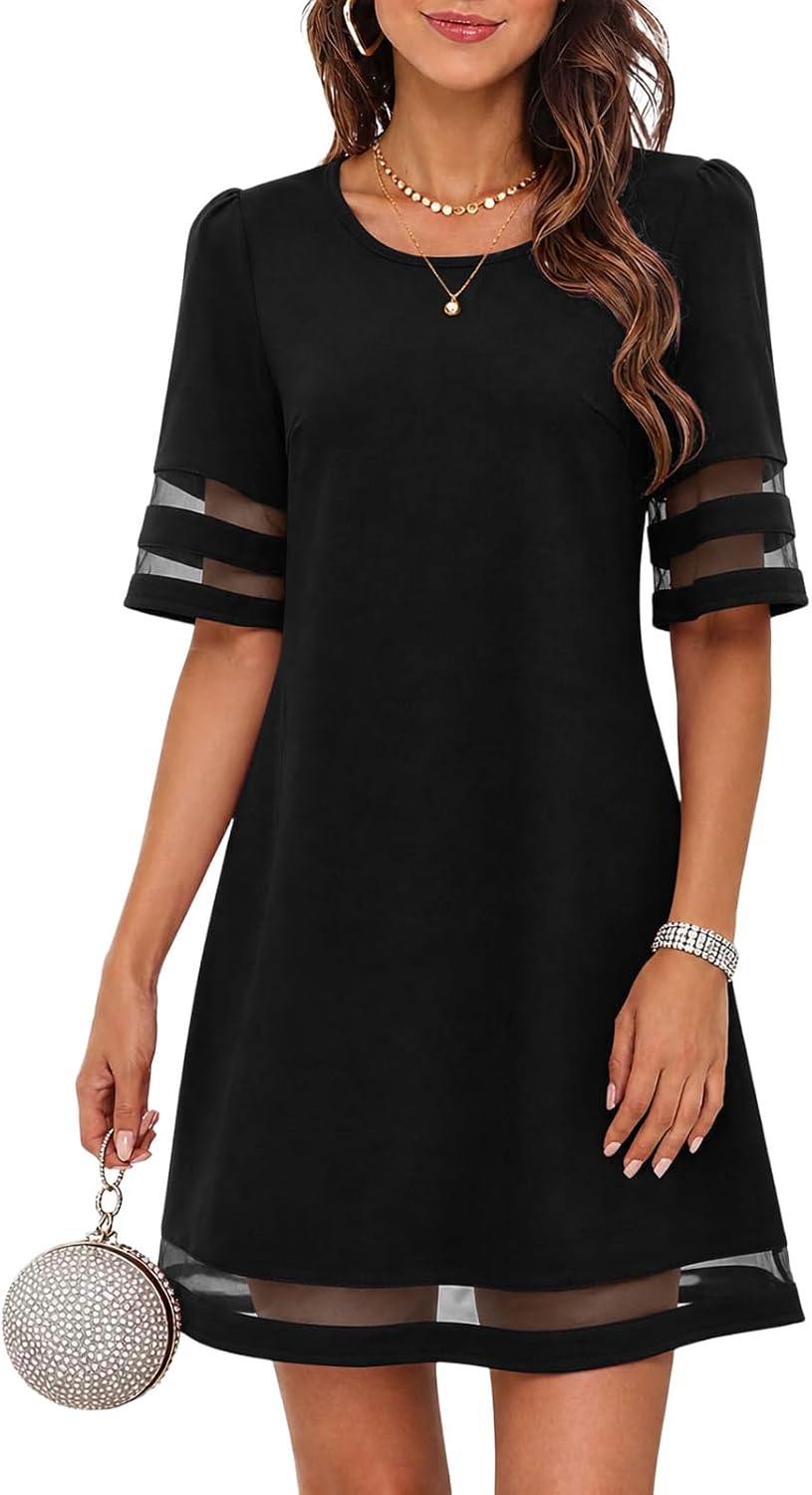 Flowy A-Line Knee-Length Dress with Mesh Trim in Black