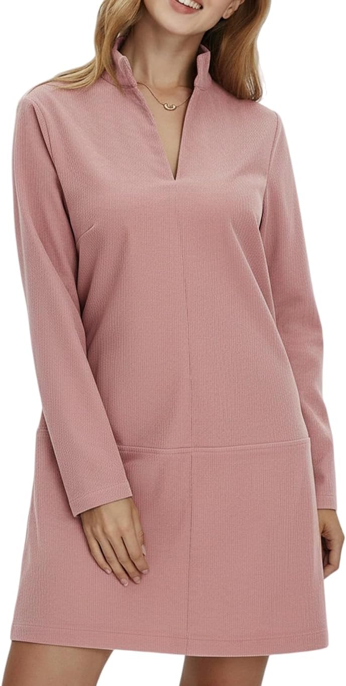 Corduroy V-Neck Long-Sleeve A-Line Mini Dress in Pink