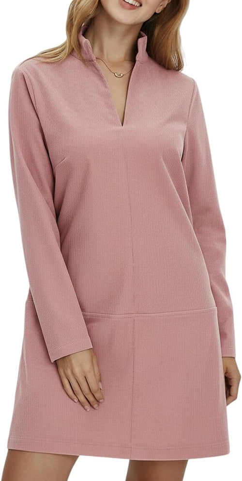 Corduroy V-Neck Long-Sleeve A-Line Mini Dress in Pink