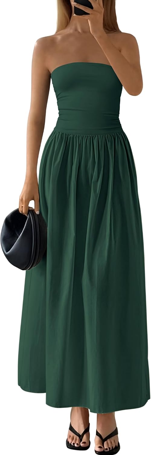 Strapless Tube A-Line Maxi Dress in Dark Green