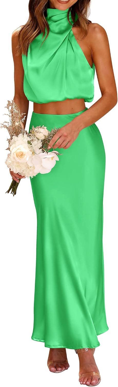 Satin Mock-Neck Crop Top and Maxi Skirt Set in Grass Green