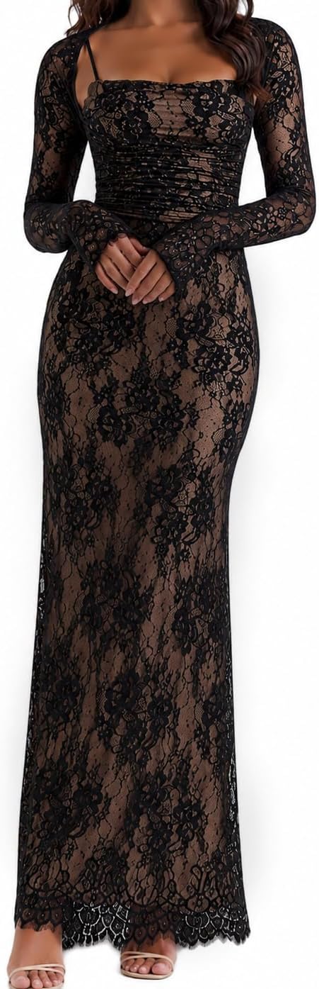 Lace Long-Sleeve Bodycon Maxi Dress in Cream-black
