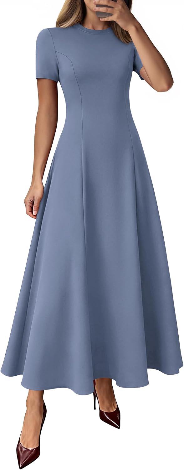 Crew-Neck Pleated Short-Sleeve Maxi Dress in Dusty Blue