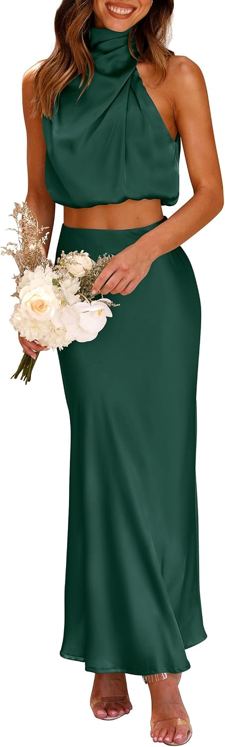 Satin Mock-Neck Crop Top and Maxi Skirt Set in Dark Green