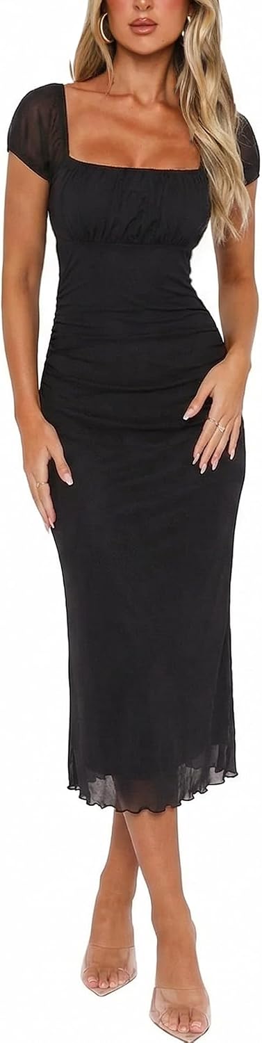 Floral Square-Neck Ruched Mesh Midi Dress in Black