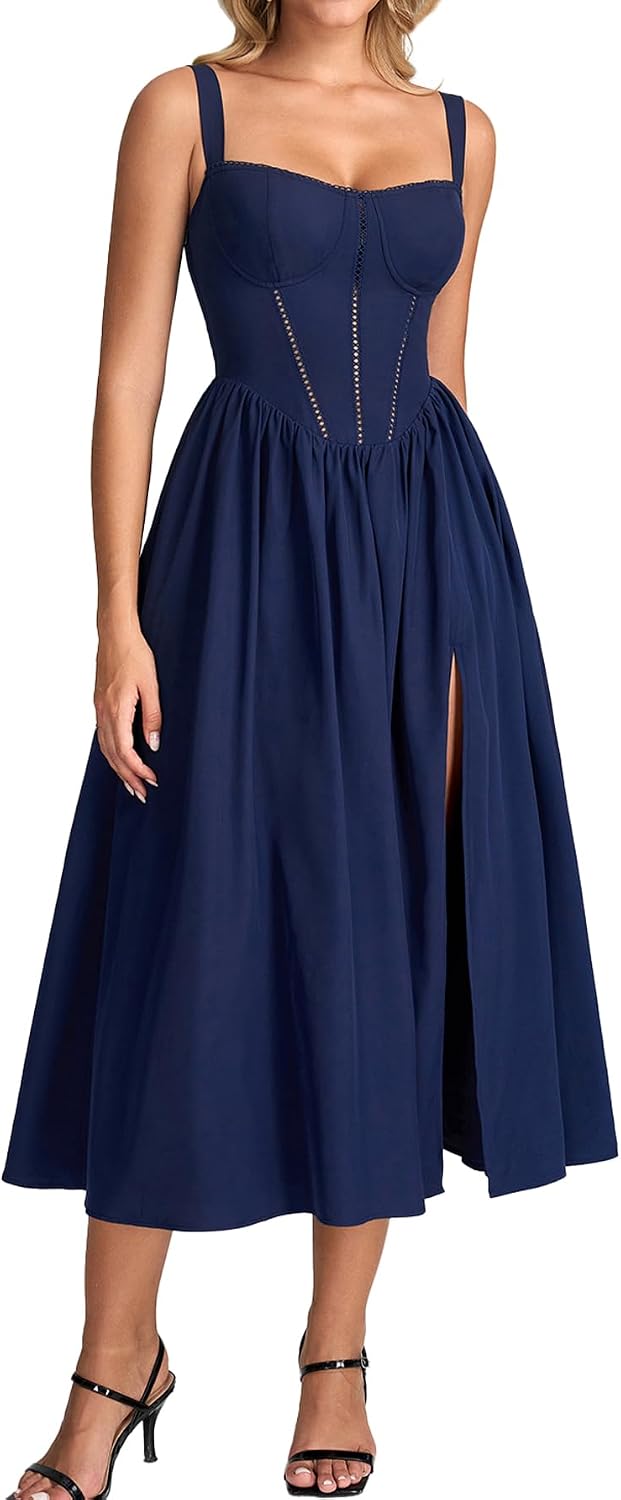 Floral Corset Midi Dress with Slit and Pockets in Navy