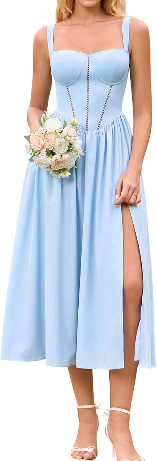 Floral Corset Midi Dress with Slit and Pockets in Blue
