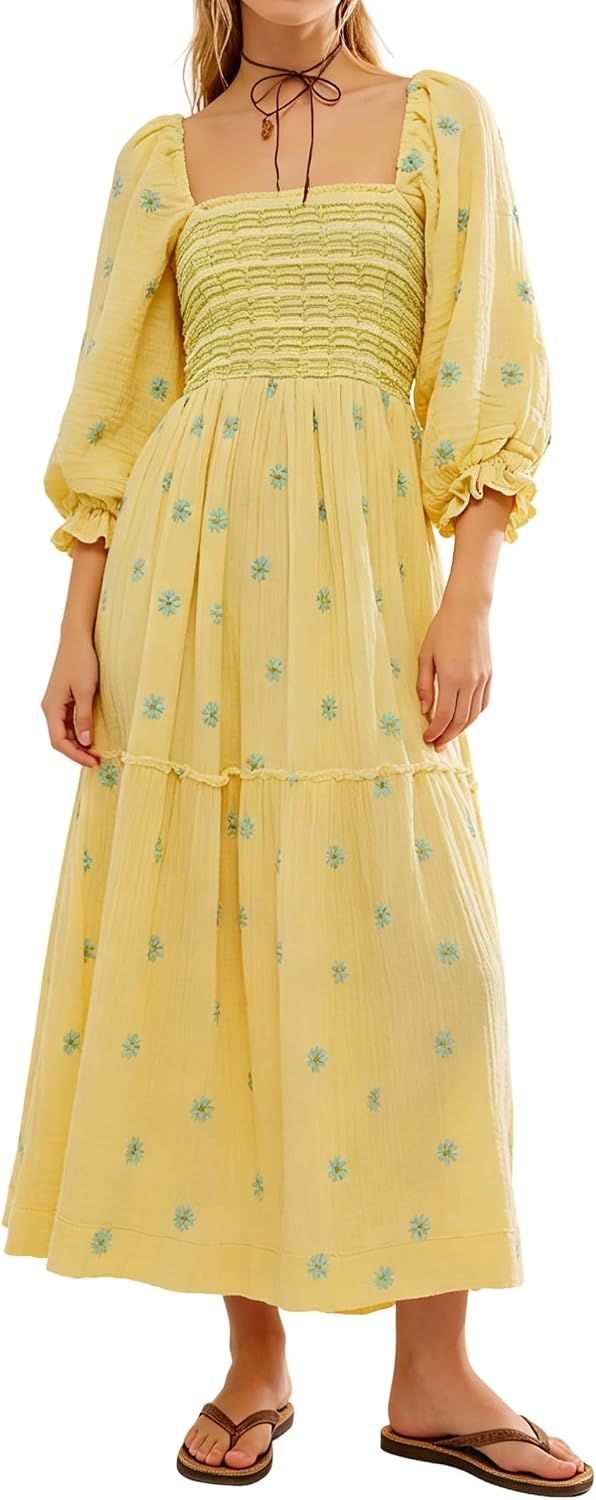 Embroidered Floral Long-Sleeve Tiered Midi Dress in Light Yellow