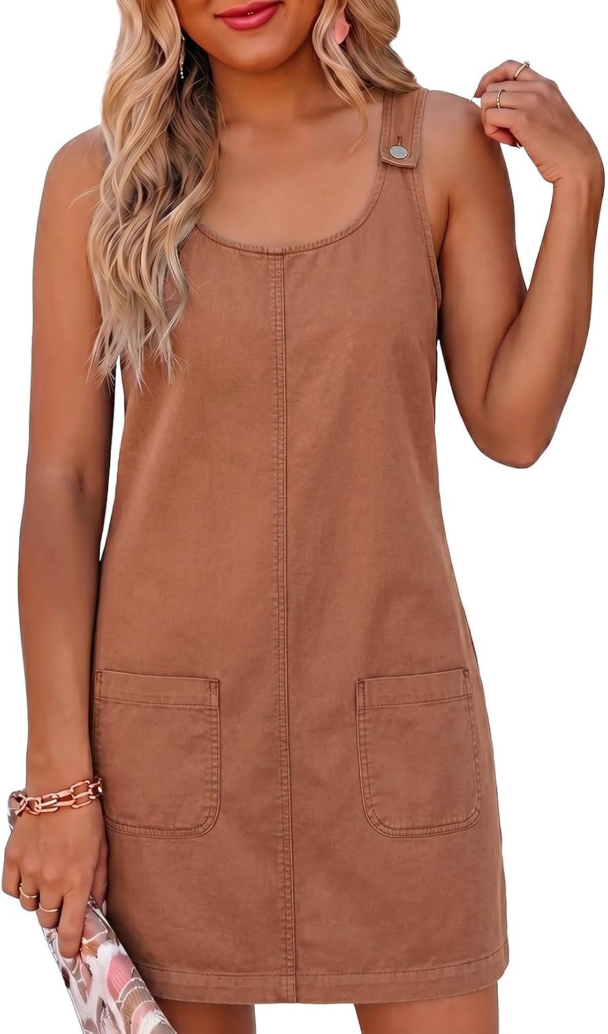 Sleeveless Denim Overall Mini Dress in Brick Red