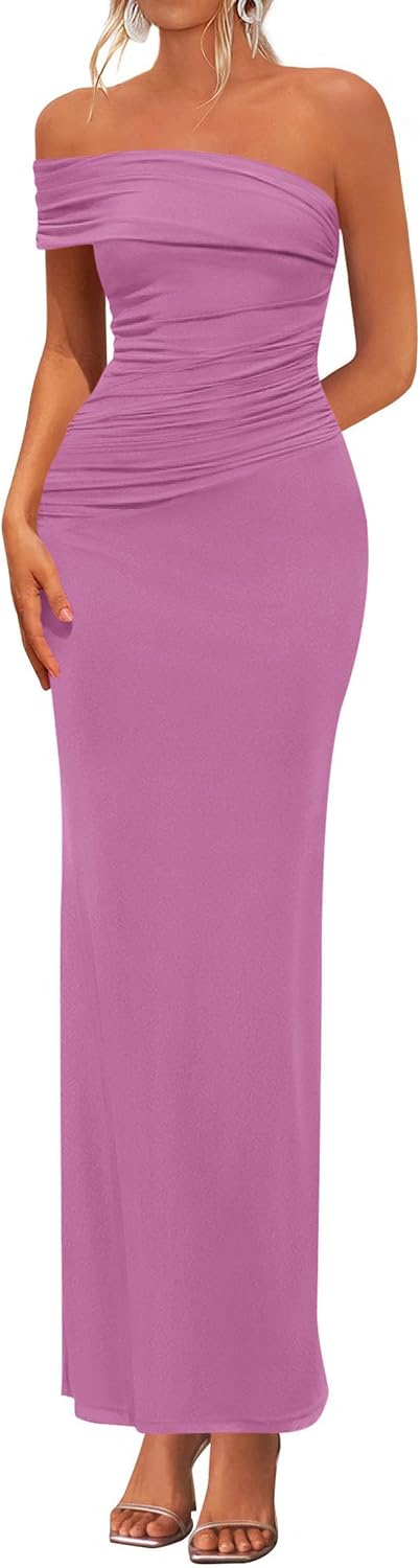One-Shoulder Ruched Bodycon Maxi Dress in Grey Purple